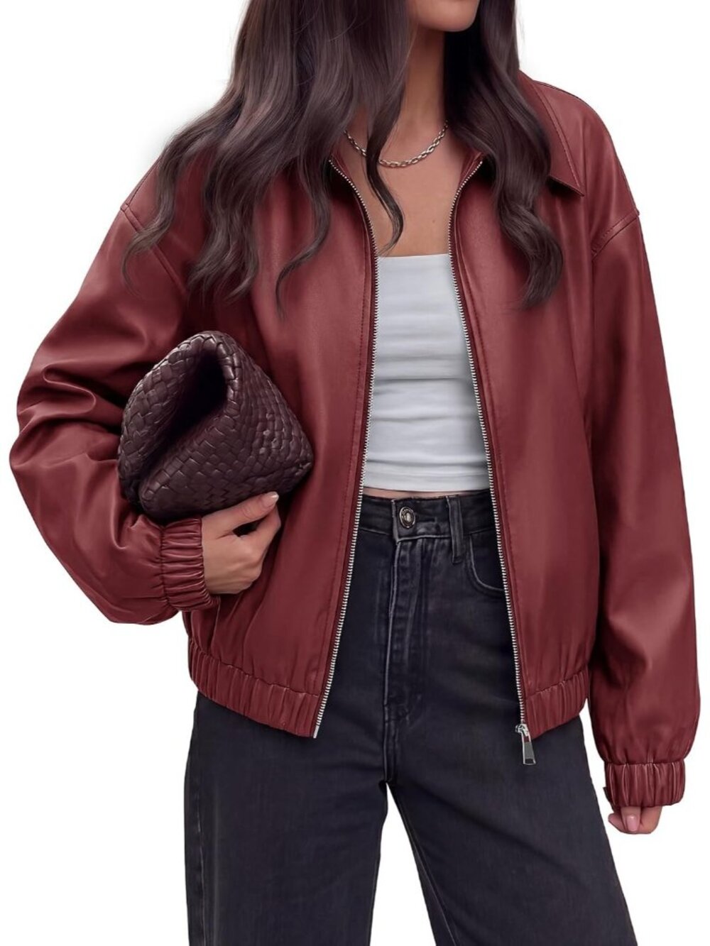 Women Burgundy Leather Lapel Collar Long Sleeve Pockets Zip Up Bomber Jacket